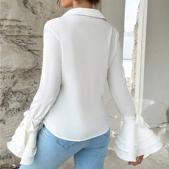 Classic Elegant Ruffle Sleeve Button Down Shirt Top Blouse - Picture 2 of 6